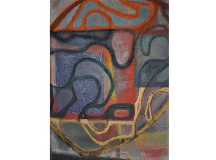 Moose Hunt, oil, burlap on canvas, 72”x54