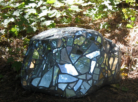 Reflective Stone 2, mirror, grout, on stone, 28”x15”x22”