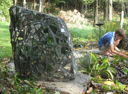 Reflective Stone 1, mirror, grout, on stone, 28”X15”X22”